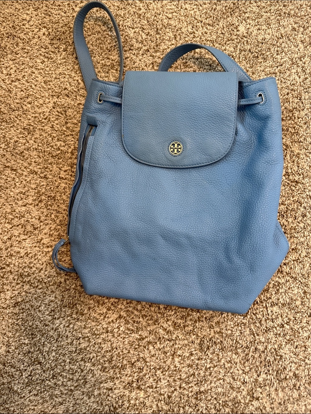 Tory Burch Dusty Blue Pebbled Leather Backpack